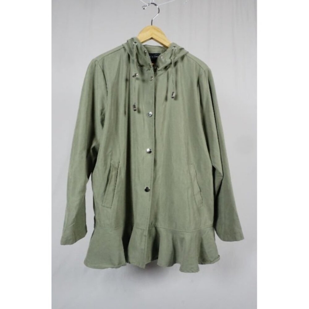 Live a Little Woman's Large Light Weight Green Hooded Jacket Ruffled Trim